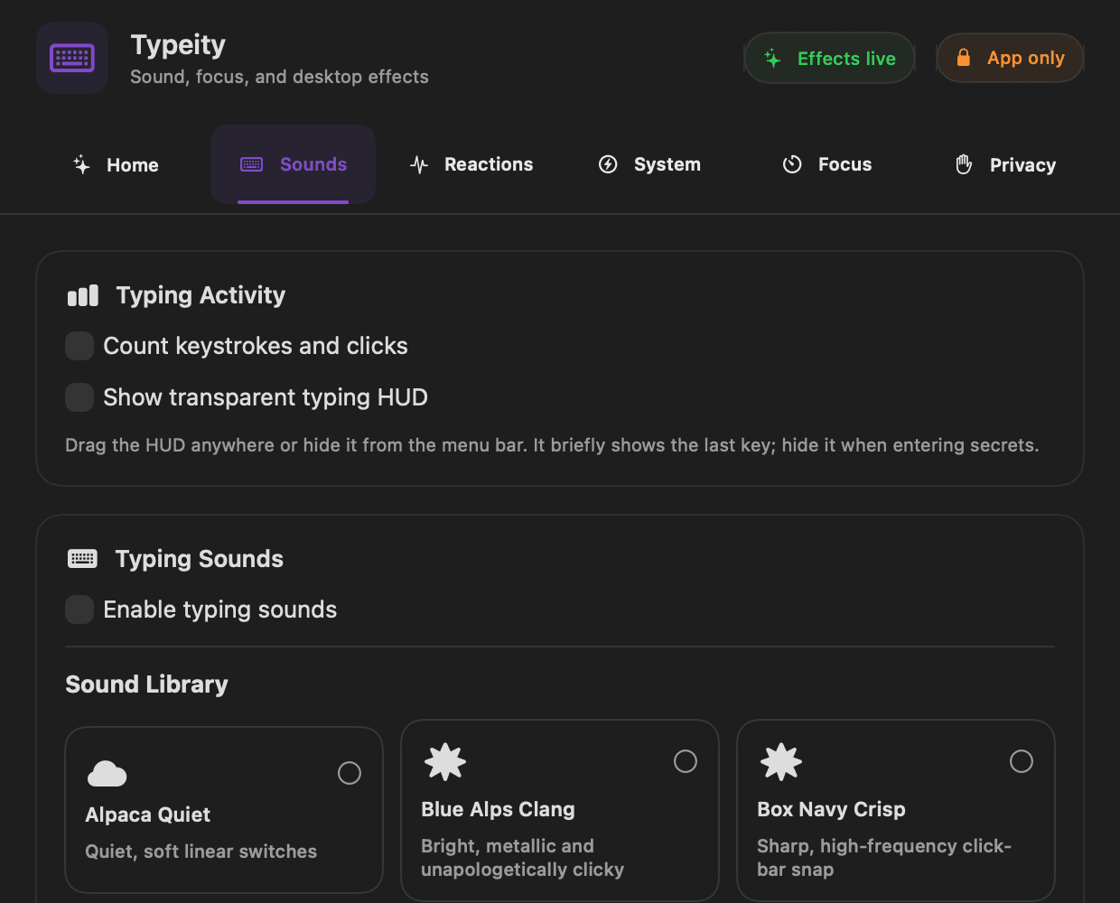 Typeity Keys screen showing its keyboard sound library and controls